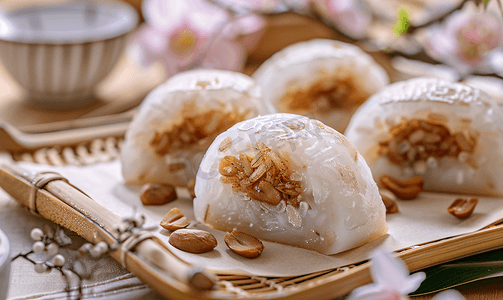 小鸟吃米卡通摄影照片_麻糬苏卡布米年糕由糯米制成里面塞满了甜厚的花生
