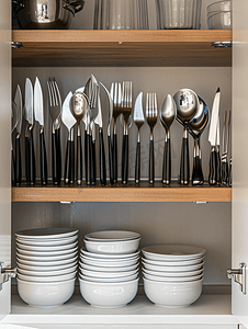 餐饮设计摄影照片_厨房橱柜架子上的餐具勺、叉子、刀和茶勺
