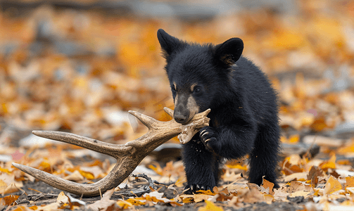 年轻的黑熊幼崽玩鹿角