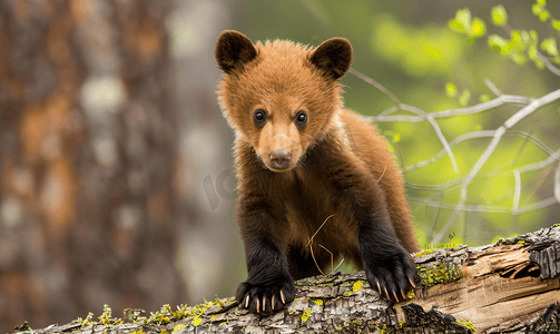 可爱动物幼崽摄影照片_珍贵的肉桂黑熊幼崽爬下来