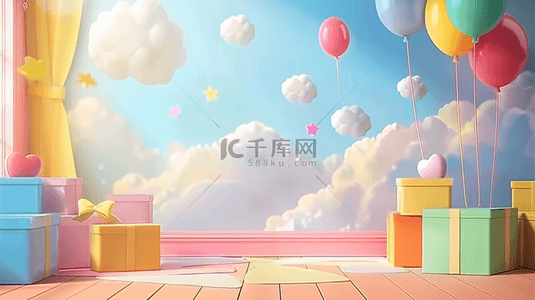 粉色梦幻气球背景图片_六一儿童节促销场景彩色气球礼物盒设计图
