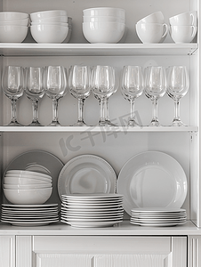 餐饮套摄影照片_厨房柜子架子上的一套盘子、杯子和酒杯