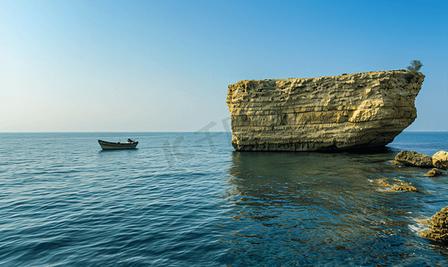 黎巴嫩国徽摄影照片_一艘小船经过黎巴嫩贝鲁特海岸的一块大岩石
