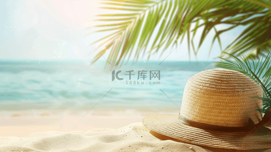 大海沙滩背景图片_夏日海滩风景沙滩上的遮阳帽背景