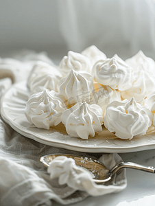 漂亮的白色蛋白饼配上银勺放在白色的盘子上白色的蛋糕
