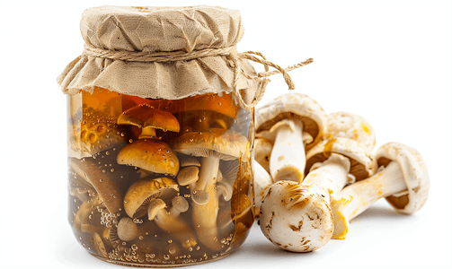 腌制菜摄影照片_腌制蘑菇被孤立在白色背景上腌制蜂蜜真菌