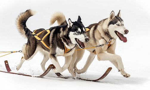 哈士奇犬和指示犬参加雪橇犬比赛