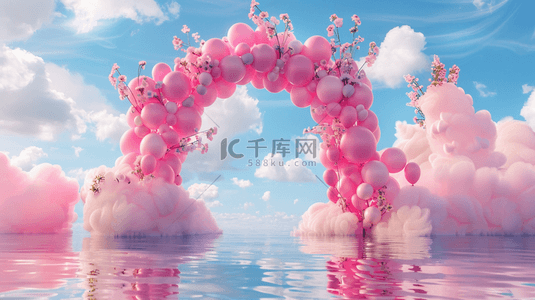 浪漫水面背景图片_六一水面上粉色卡通3D花朵气球拱门图片
