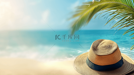 夏日海滩大海背景图片_夏日海滩风景沙滩上的遮阳帽图片