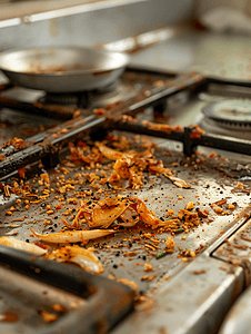 商用厨房摄影照片_肮脏的燃气灶有食物残渣和面包屑
