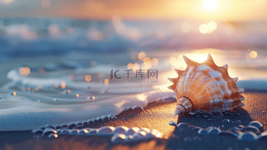 大海沙滩背景图片_夏日海景沙滩上的海水海螺背景素材