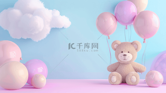 小熊小熊背景图片_六一儿童节蓝粉色玩偶小熊白云气球背景图片