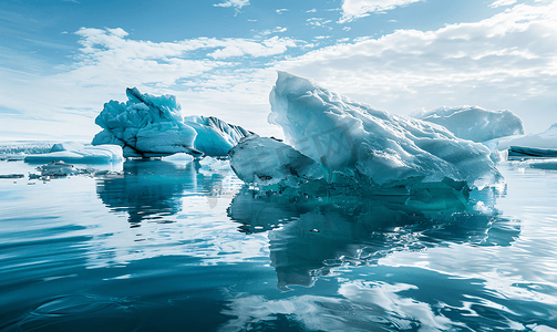 冰岛杰古沙龙冰湖碧绿的冰山漂浮在冰岛冰川泻湖中