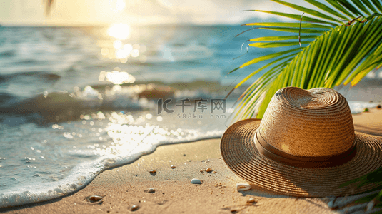 夏日海滩风景沙滩上的遮阳帽设计图