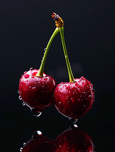 黑色背景下果皮上有水滴的两颗成熟的樱桃浆果