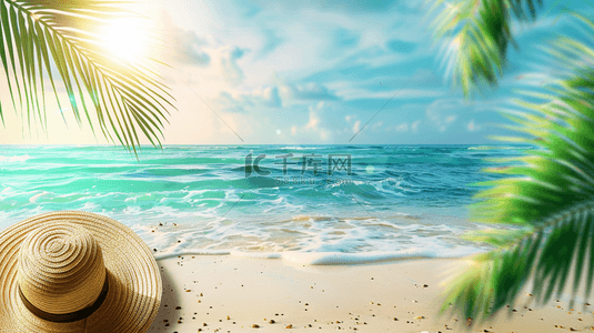 夏日海滩风景沙滩上的遮阳帽设计