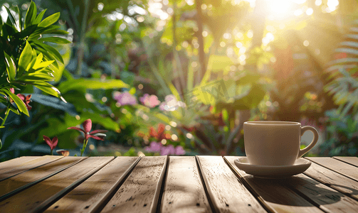 日出早晨花园里的热咖啡和木桌上的书