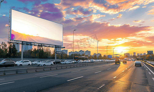 广告招聘展架摄影照片_高速公路广告牌模型美丽天空下的交通氛围