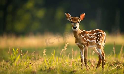 石板小鹿摄影照片_甜斑小鹿在田野里漫步