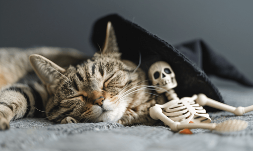 戴着女巫帽的睡猫灰色背景上有玩具骨架