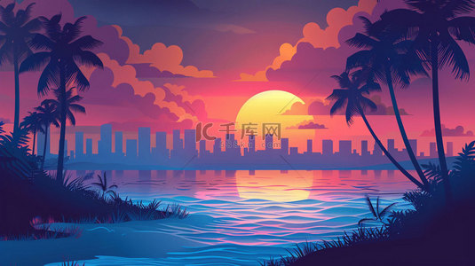 椰树大海夕阳合成创意素材背景