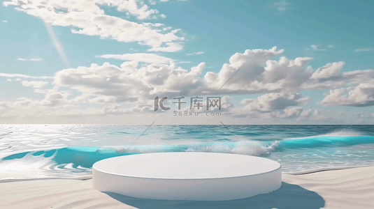 清凉夏日背景图片_蓝色夏日白色沙滩上的电商圆展台设计图