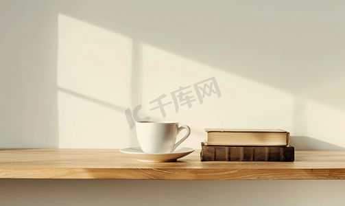 现代摄影照片_木桌上的书和咖啡杯