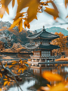 公园里有小湖的韩国宝塔