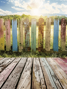 多彩的木栅栏和地板木材与早晨的风景
