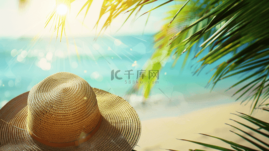 大海椰子树沙滩背景图片_夏日海滩风景沙滩上的遮阳帽2设计图