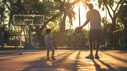 篮球赛战报摄影照片_父亲和孩子一起打篮球1