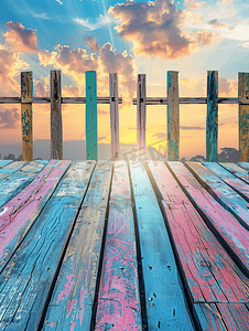 多彩的木栅栏和地板木材与早晨的风景