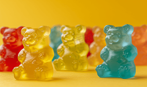 的小熊摄影照片_黄色背景中的小熊软糖果冻糖果特写
