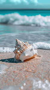 夏日海景海滩波浪上的海螺图片
