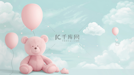 卡通气球背景素材背景图片_蓝粉色六一儿童节玩偶小熊白云气球背景素材