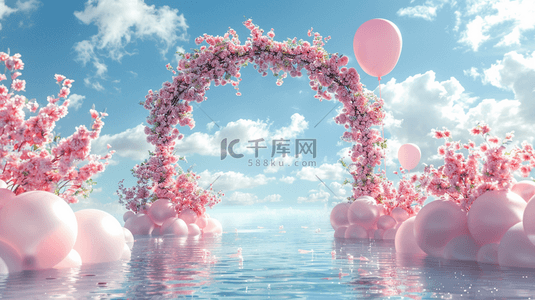 六一气球背景图片_六一水面上粉色卡通3D花朵气球拱门4设计