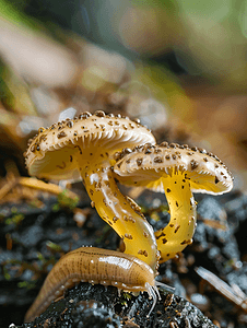 森林里被蠕虫和蛞蝓吃掉的蘑菇