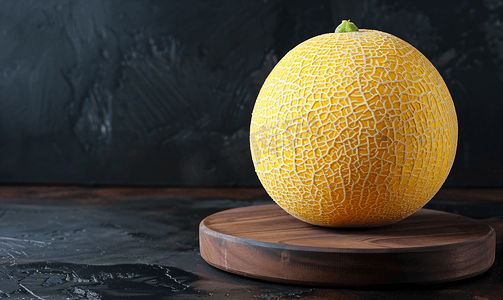 橙色清爽背景摄影照片_黑色背景中木板上的黄熟瓜