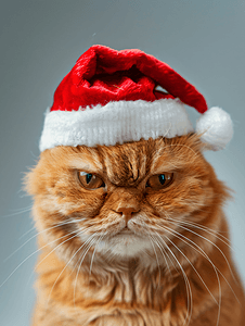 愤怒的红猫戴着圣诞老人的帽子