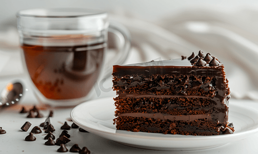 巧克力布丁蛋糕放在盘子里配上一杯热茶