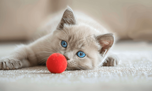 动物的拥抱摄影照片_可爱的躺着米色蓝眼睛的苏格兰小猫带红球