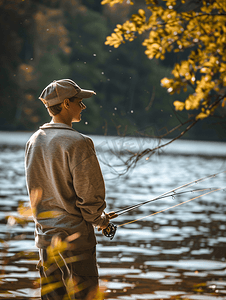 跨年活动摄影照片_年轻人在湖上用竿钓鱼旅行生活方式概念暑假