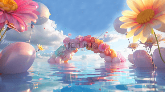 儿童素材气球背景图片_六一蓝粉色卡通3D花朵气球拱门背景素材