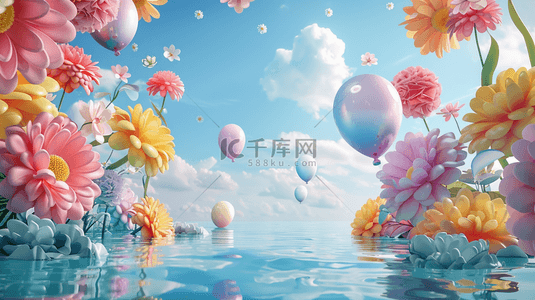 六一蓝粉色卡通3D花朵气球拱门背景图