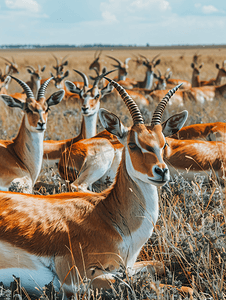 一群红羚羊在草地上吃草或躺下