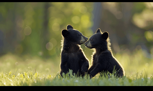 可爱的黑熊幼崽在草地上一起玩耍