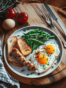 香肠鸡蛋摄影照片_早餐包括鸡蛋烤香肠青豆和木质背景的烤面包