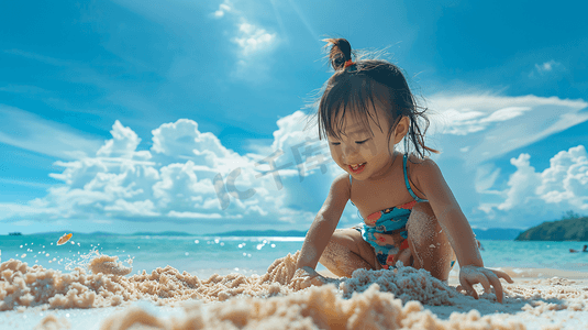 海边玩沙子捡贝壳的儿童1