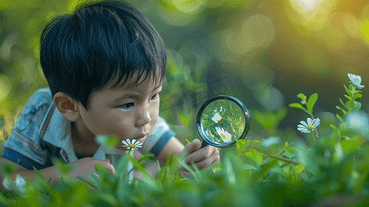 放大镜儿童摄影照片_用放大镜观察植物的男孩4