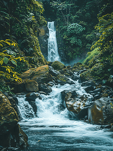 流水生財图摄影照片_热带雨林瀑布上的强流水